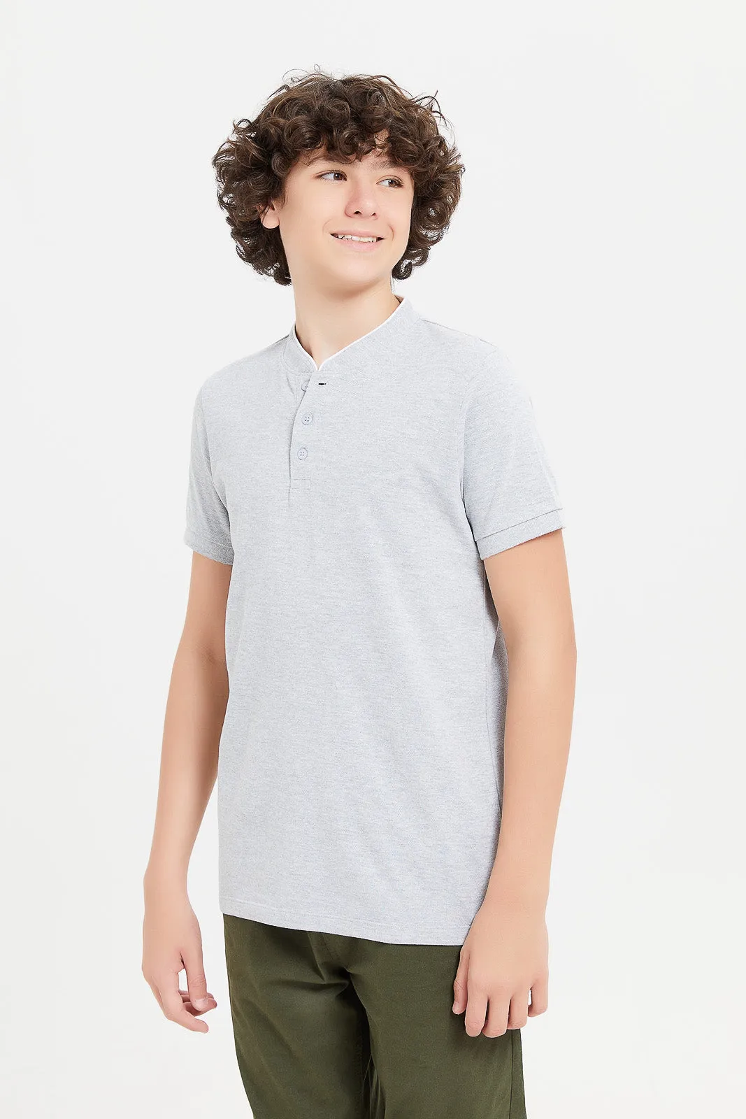 Senior Boys Grey Mandarin Collar Polo Shirt