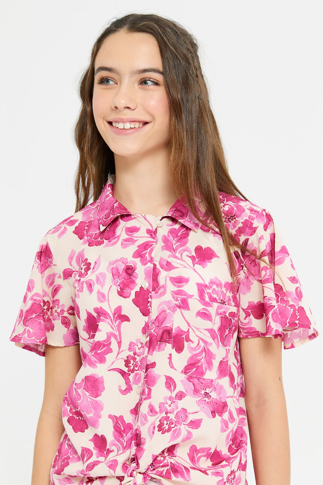 Senior Girls Fuchsia Printed Front Tie Blouse