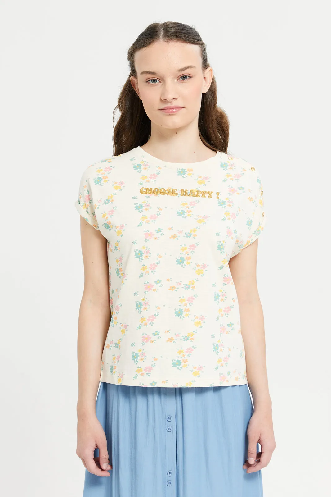 Senior Girls Multicolour Printed Top With Gold Buttons