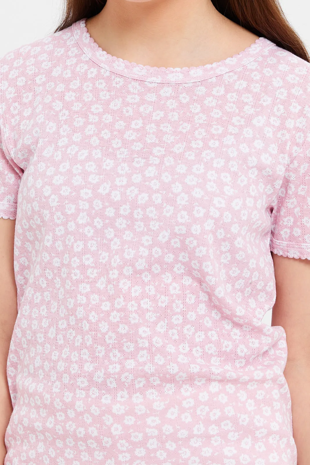 Senior Girls Pink Floral Ribbed T-Shirt