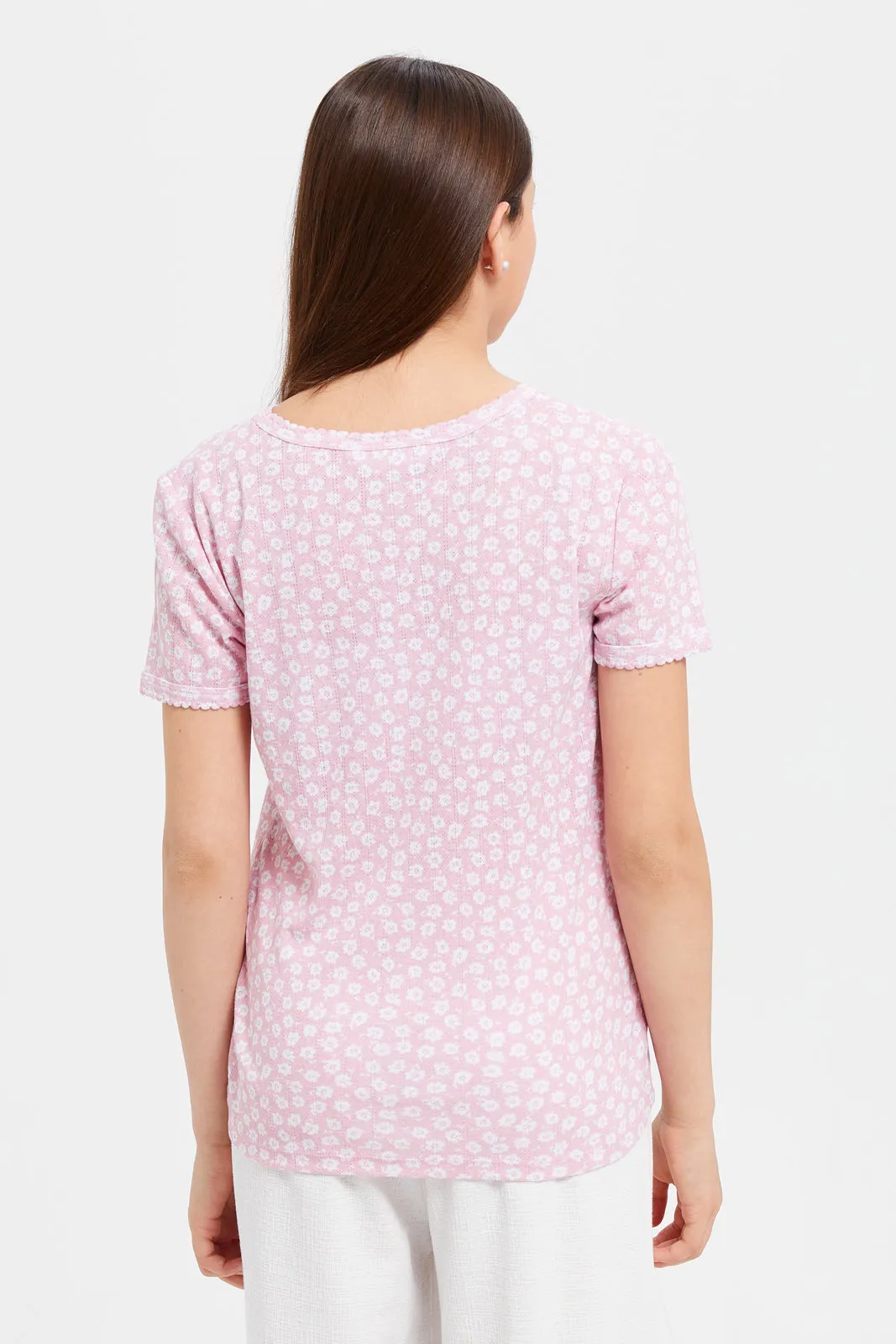 Senior Girls Pink Floral Ribbed T-Shirt