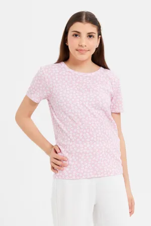 Senior Girls Pink Floral Ribbed T-Shirt