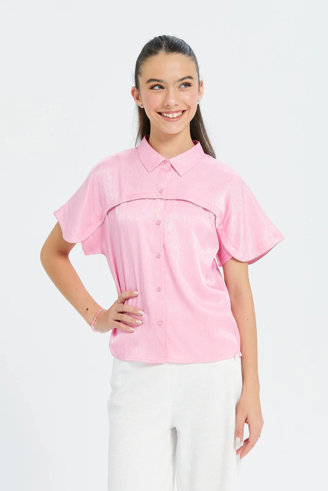 Senior Girls Pink Sateen Boxy Shirt