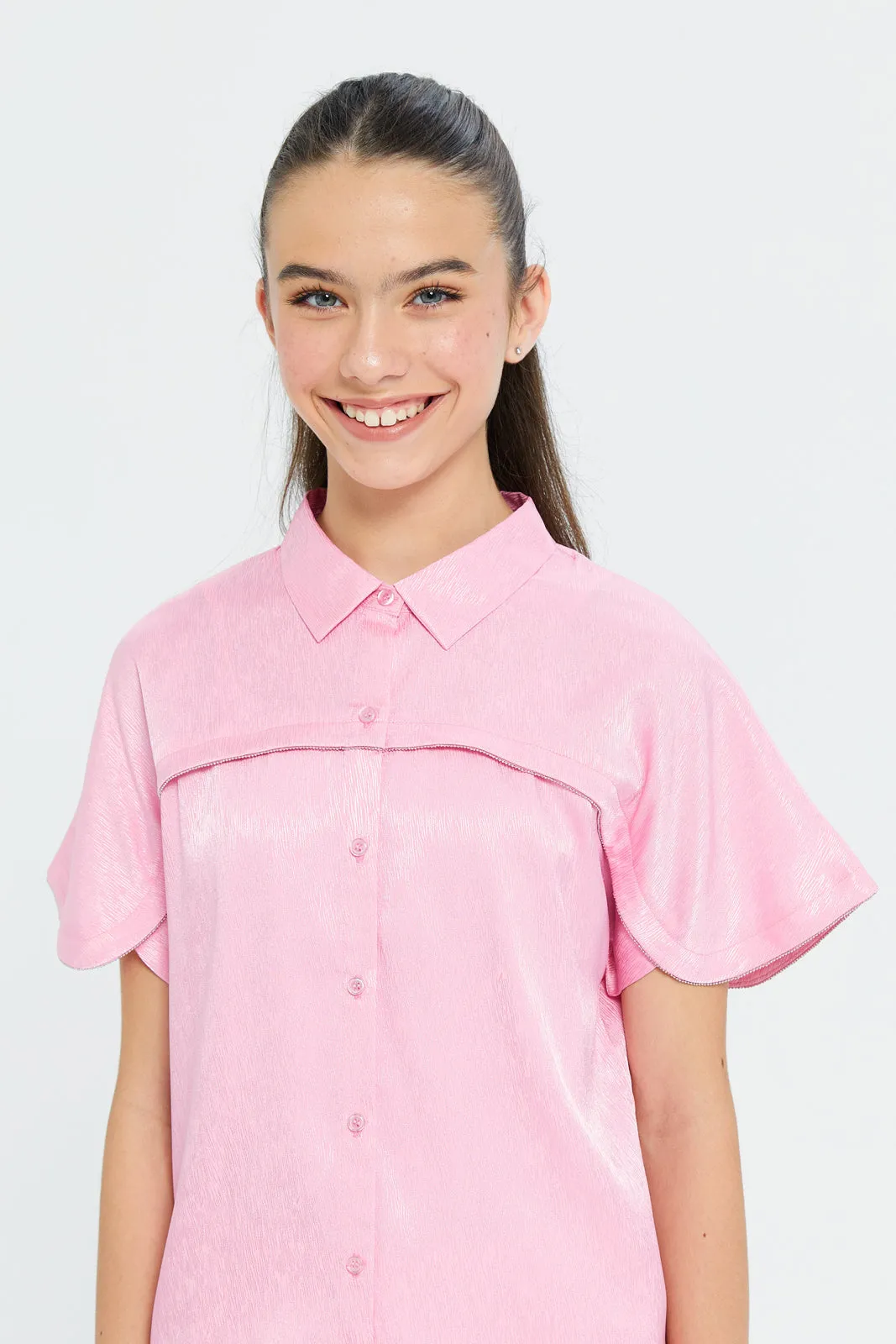 Senior Girls Pink Sateen Boxy Shirt