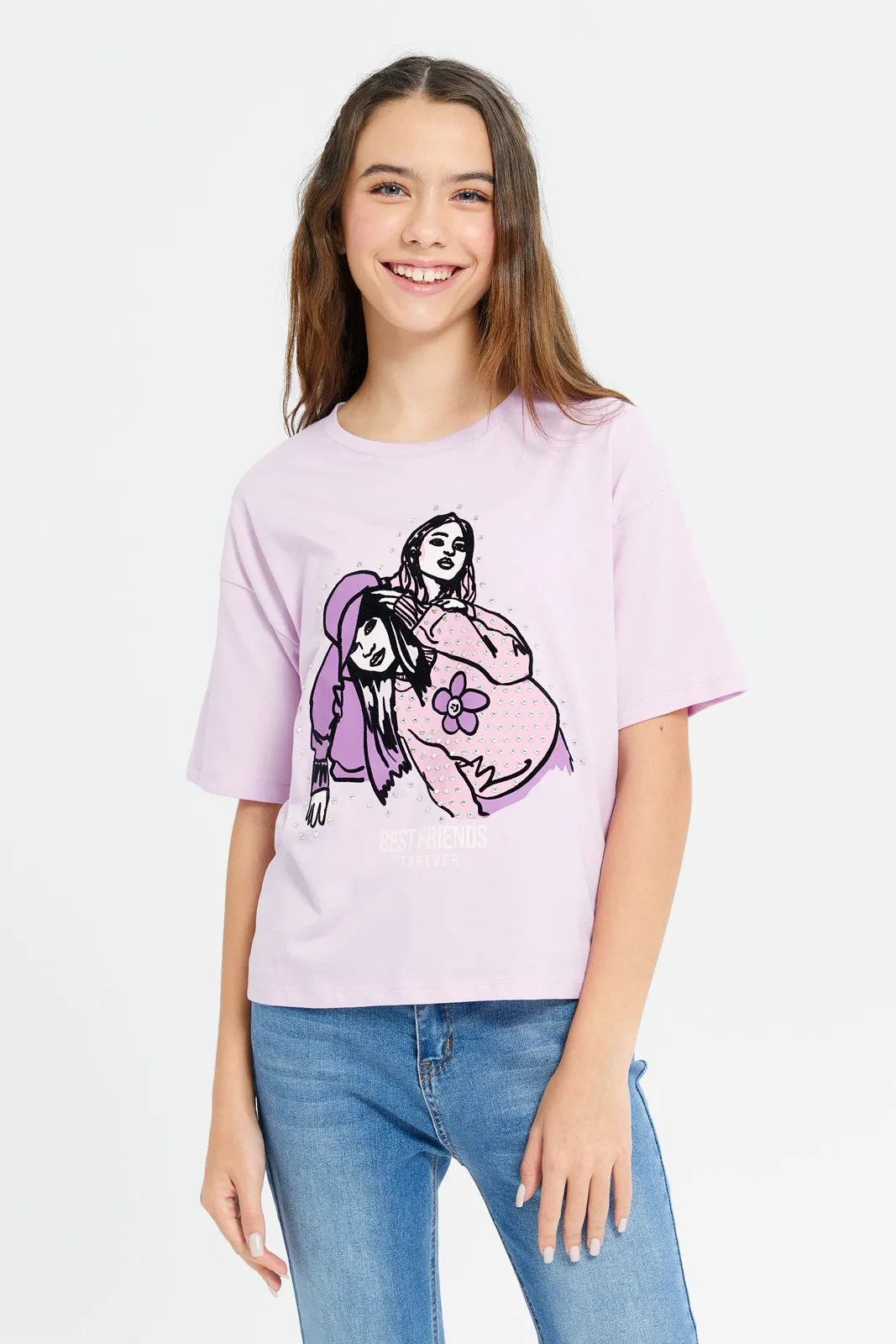 Senior Girls Purple Girly Print Oversize With Rhinestone T-Shirts