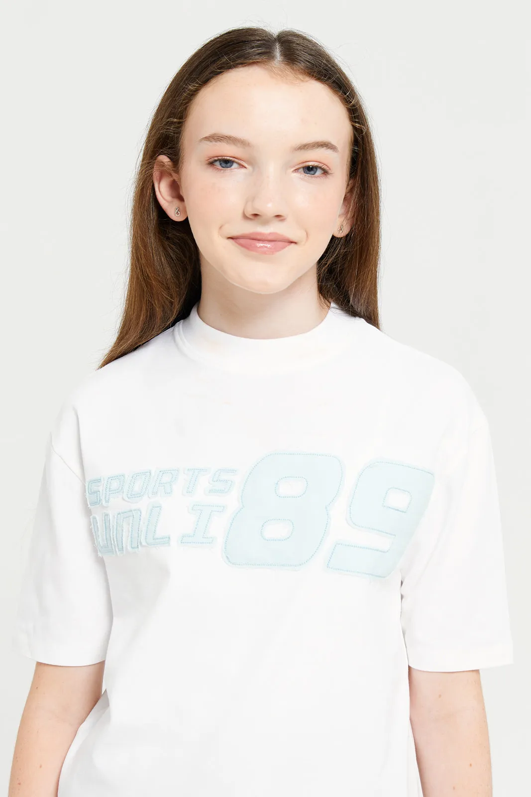 Senior Girls White Embellished With Denim Applique T-Shirt