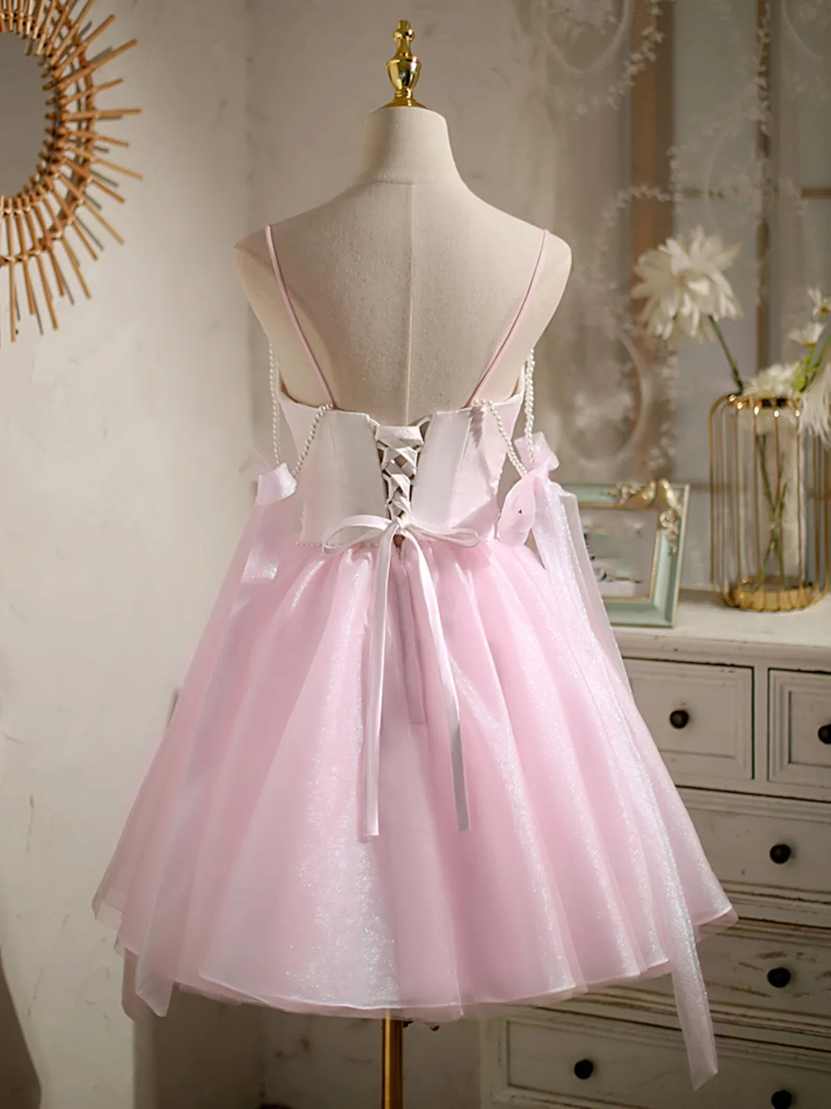 Short Pink Beaded Prom Dresses, Short Pink Beaded Formal Homecoming Dresses