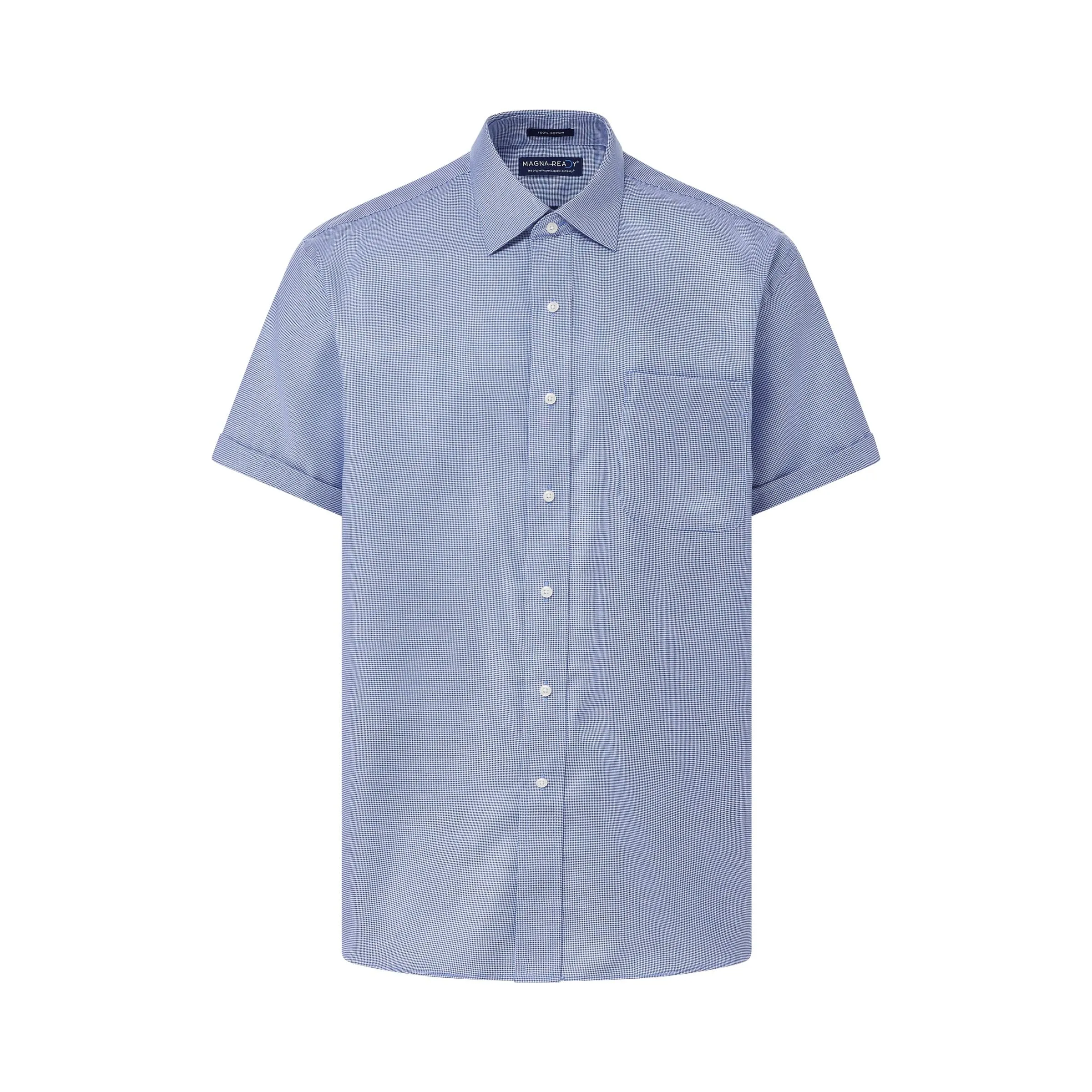 Short Sleeve Blue ‘Ryan’ Spread Collar Cotton Shirt with Magnetic Closures