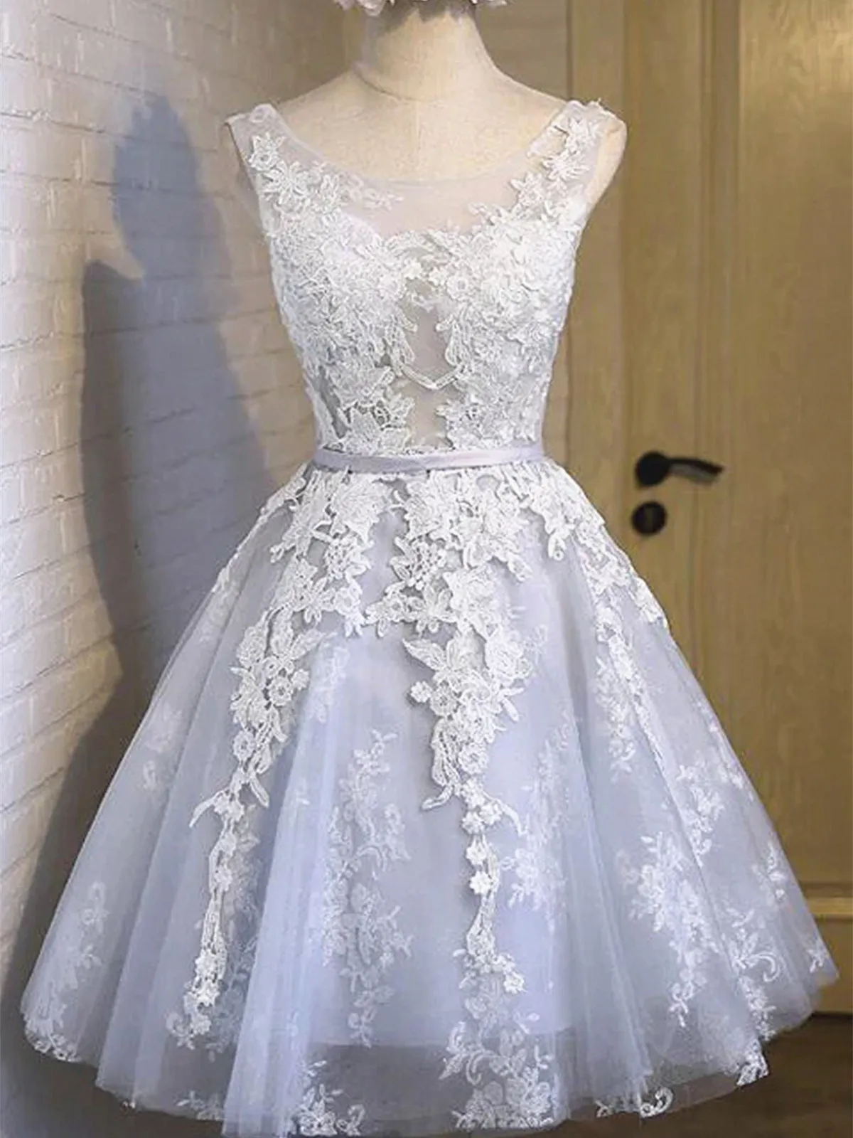 Silver Gray Short Lace Prom Dresses, Grey Short Lace Formal Homecoming Dresses