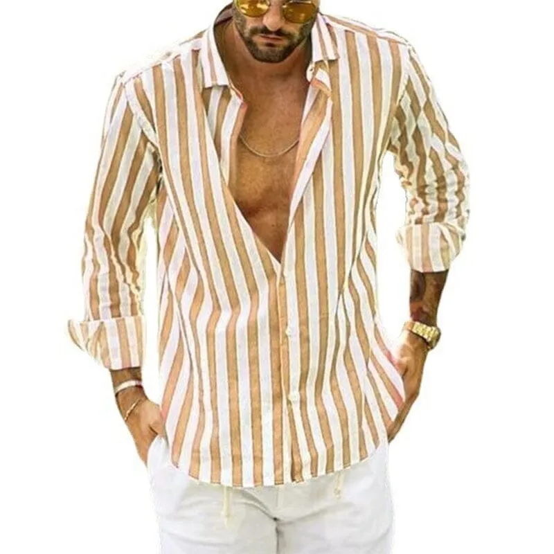 Spring Summer Men's Cotton Linen Striped Button Shirt