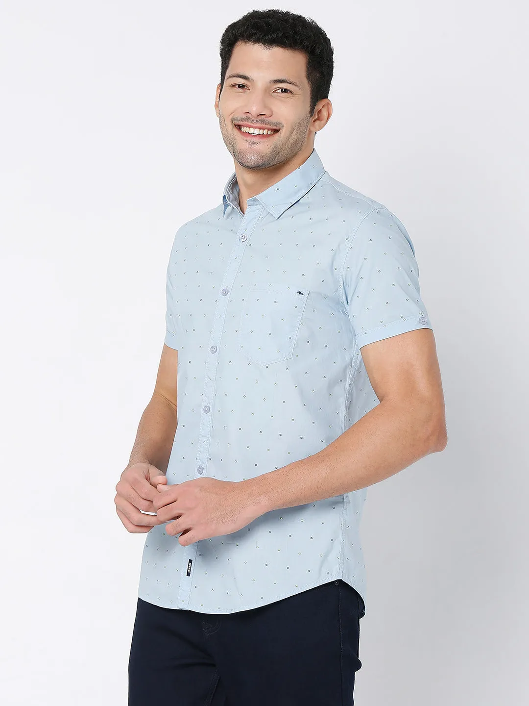 Spykar Men Blue Cotton Half Sleeve Printed Shirt