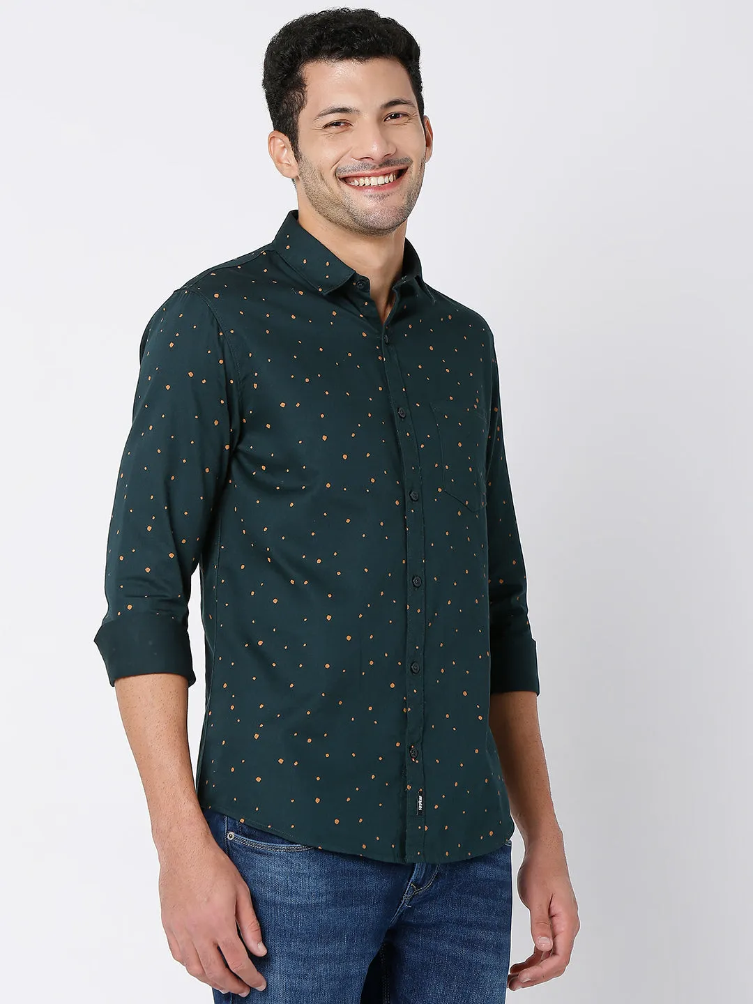 Spykar Men Bottle Green Cotton Full Sleeve Printed Shirt