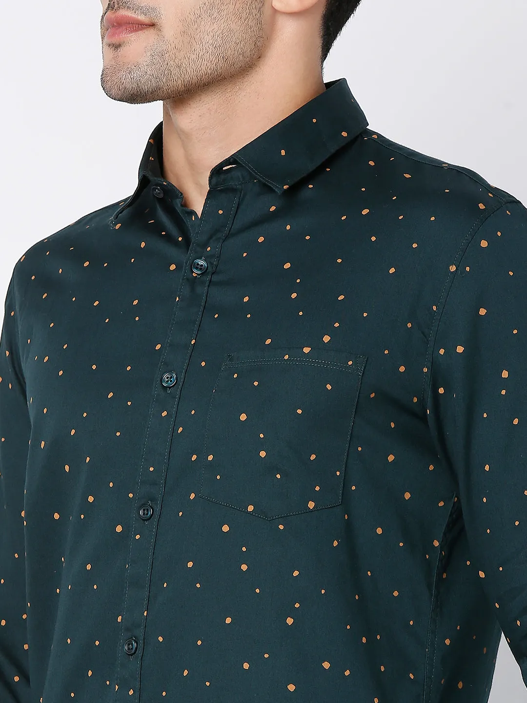 Spykar Men Bottle Green Cotton Full Sleeve Printed Shirt