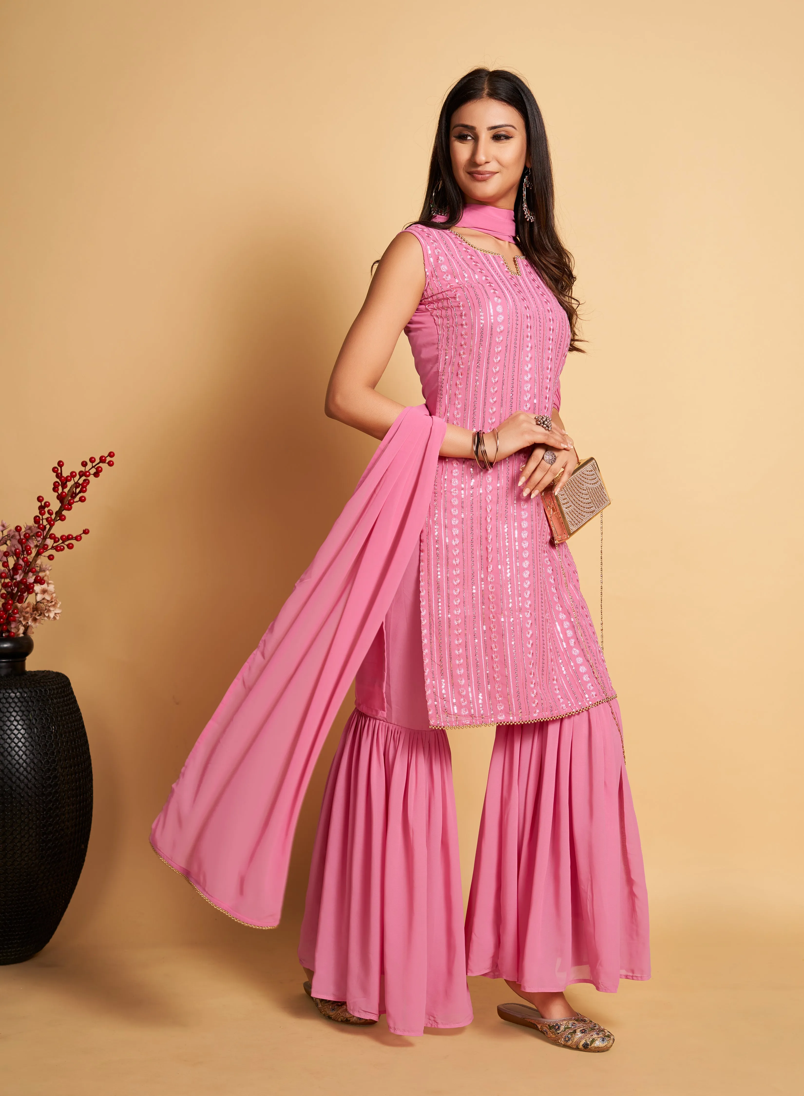 Stunning Pink Designer Sharara Kurti Dupatta Set - Embroidered Faux Georgette & Georgette