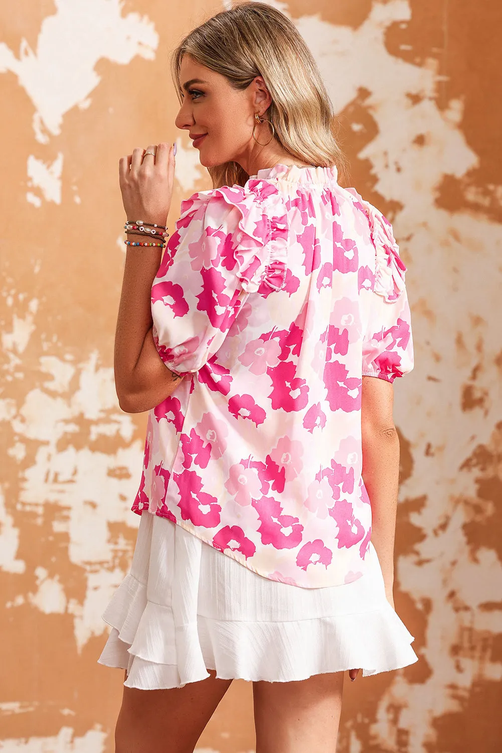 Super Cute Floral Ruffle Shoulder Resort Blouse