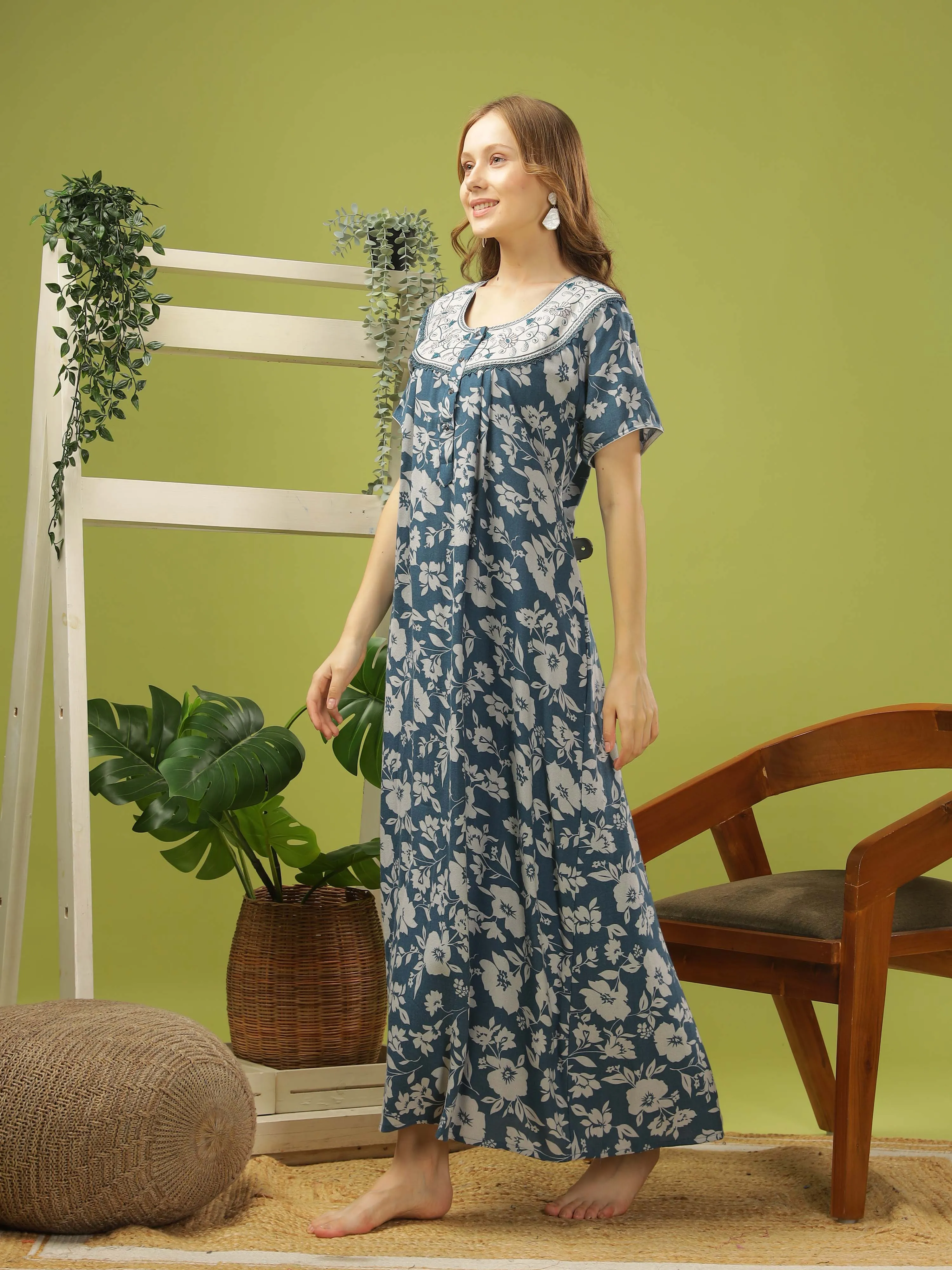 Teal Blue Alpine Floral Nightdress | Lightweight, Wrinkle-Free Comfort