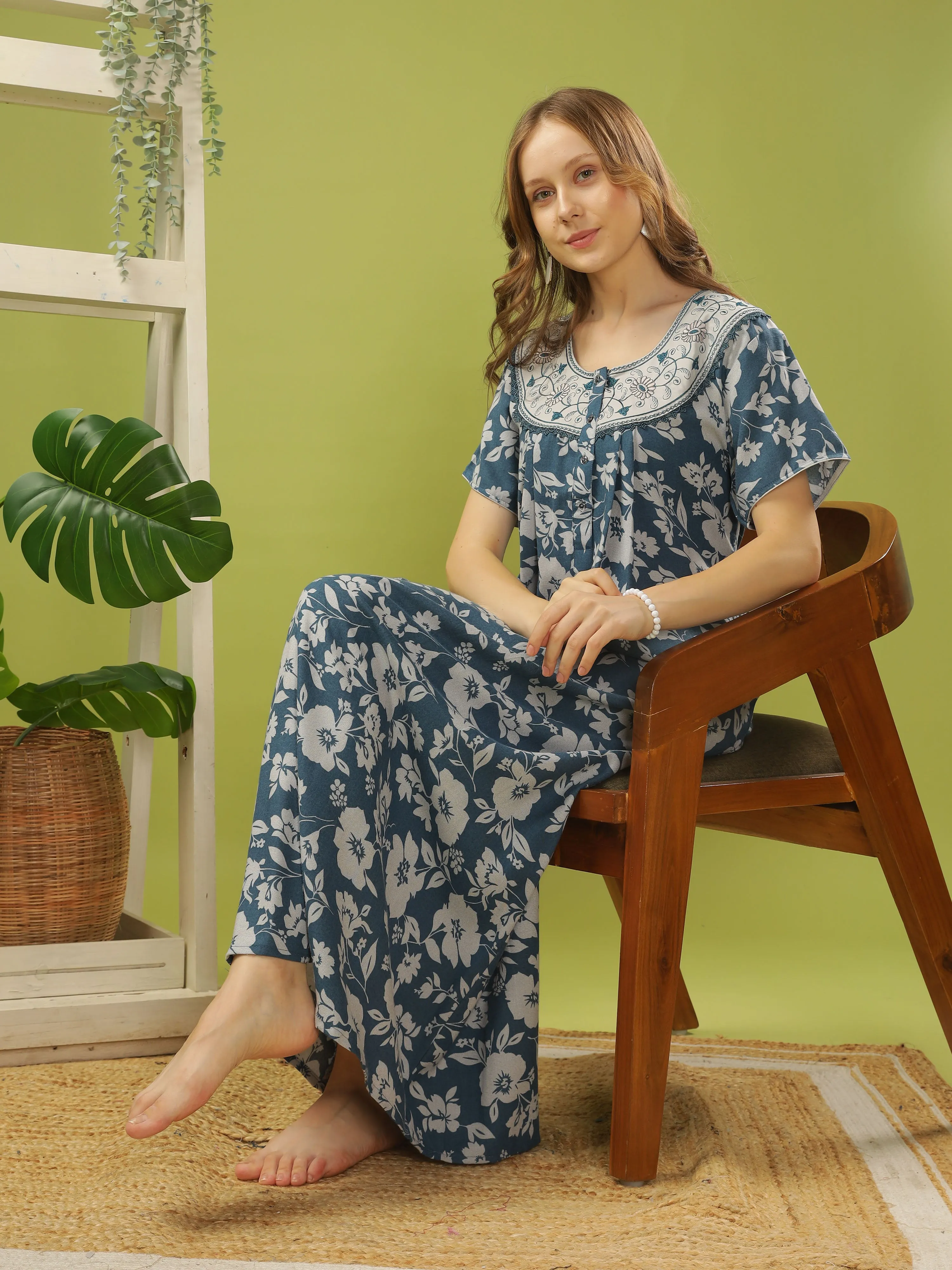 Teal Blue Alpine Floral Nightdress | Lightweight, Wrinkle-Free Comfort