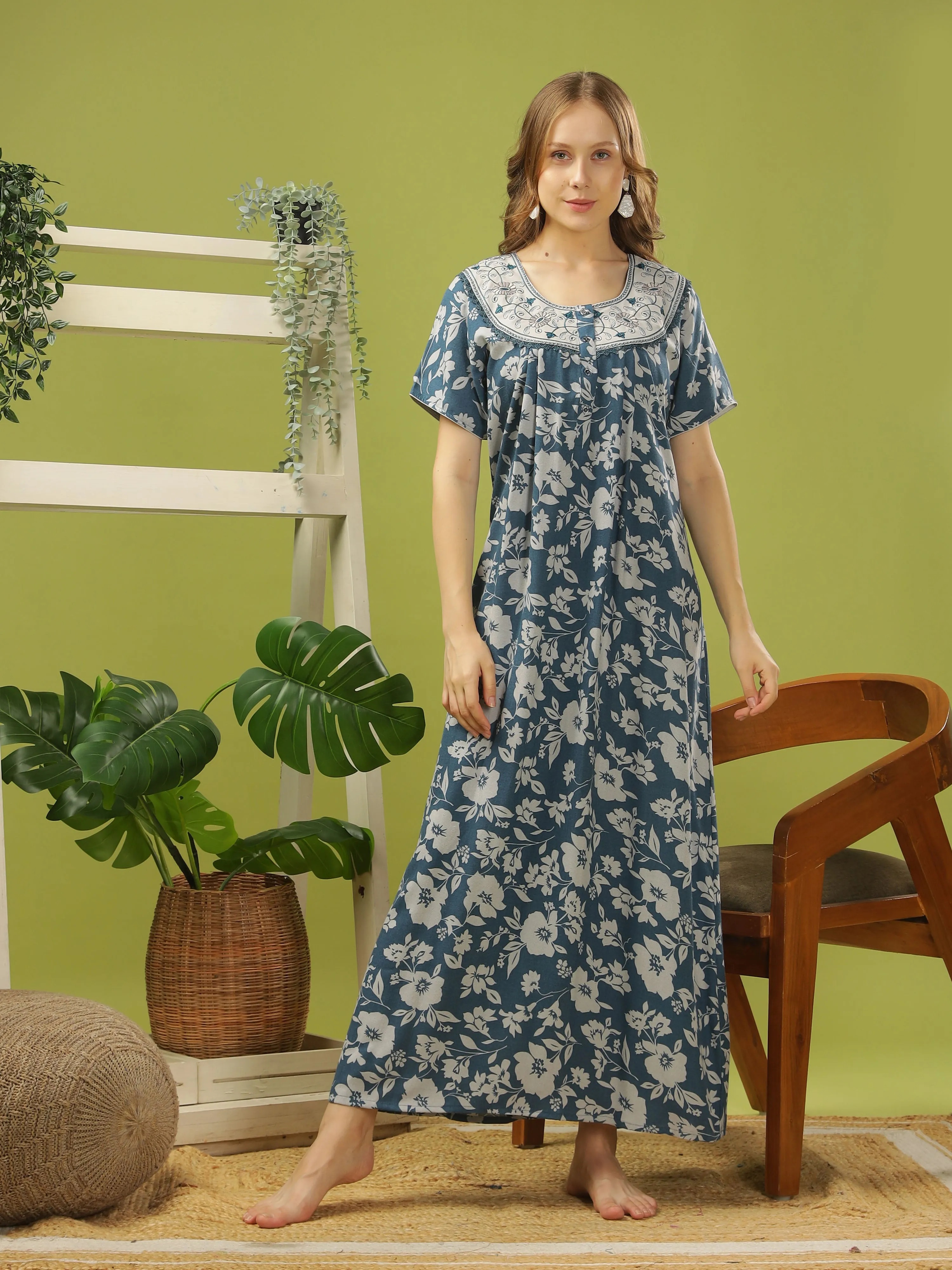 Teal Blue Alpine Floral Nightdress | Lightweight, Wrinkle-Free Comfort