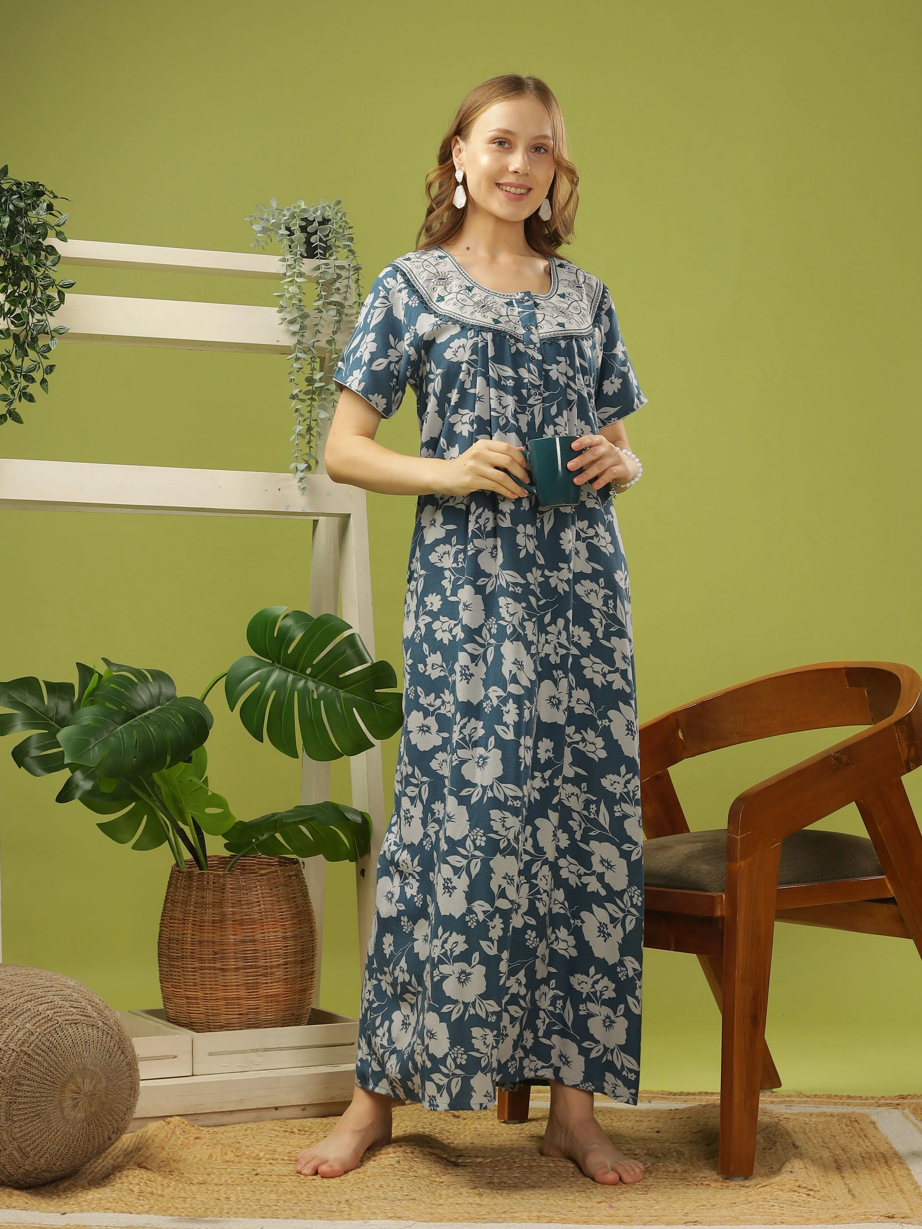 Teal Blue Alpine Floral Nightdress | Lightweight, Wrinkle-Free Comfort