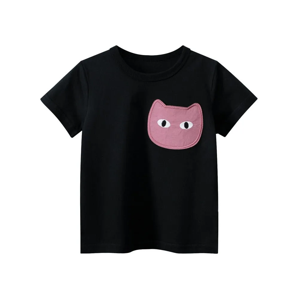 Toddler/Kid Girl's Cute Kitty Embroidery Design Tee (2 Colors)