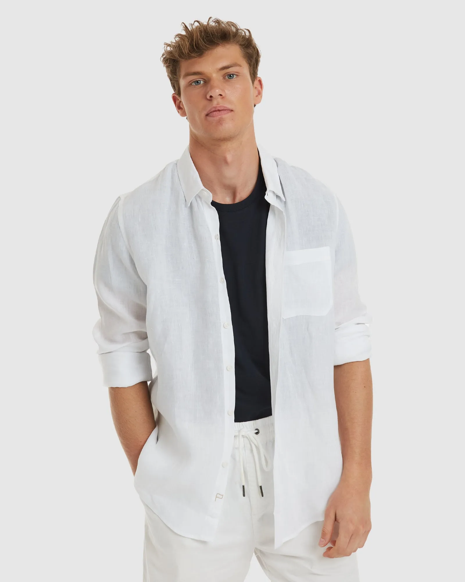 Tulum-Slim White Linen Shirt Long Sleeve