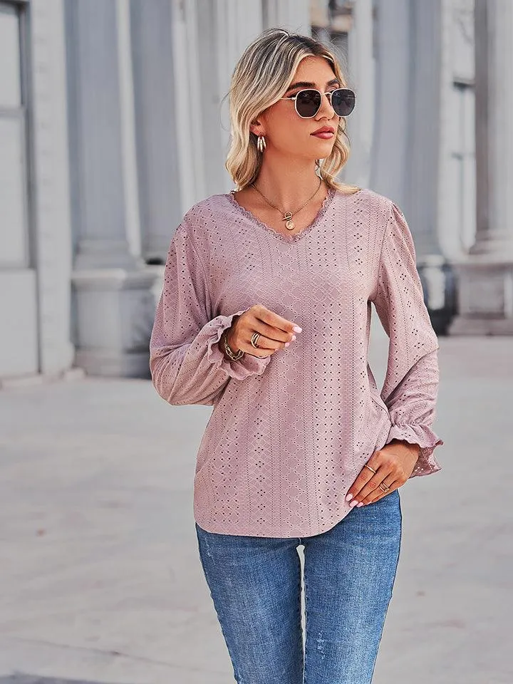 V-Neck Flounce Sleeve Blouse