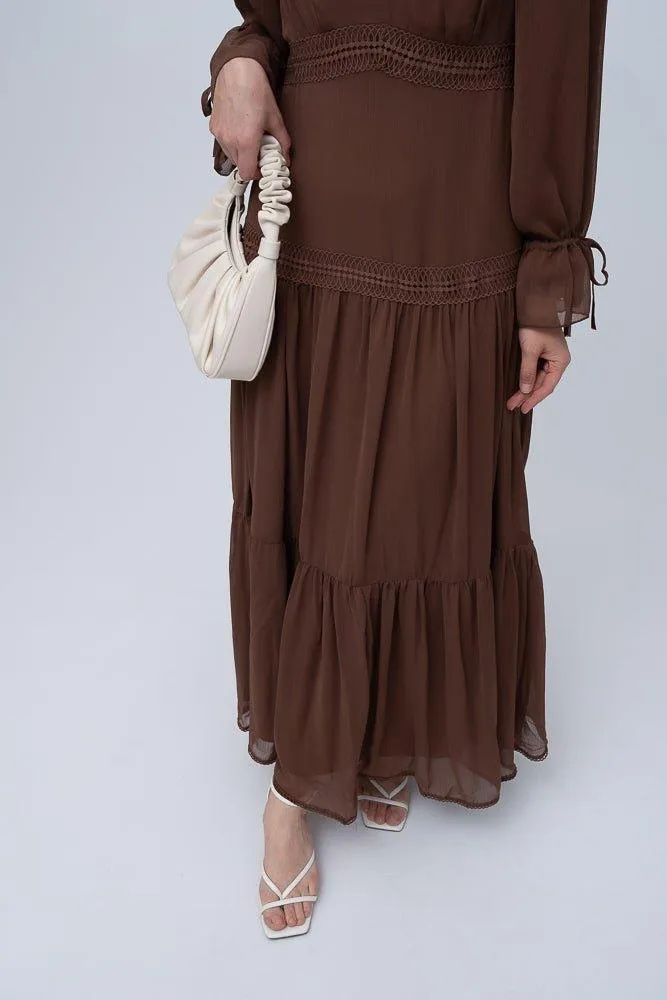 Vivvie classic chiffon dress lined not sheer with maxi sleeve and lace detail