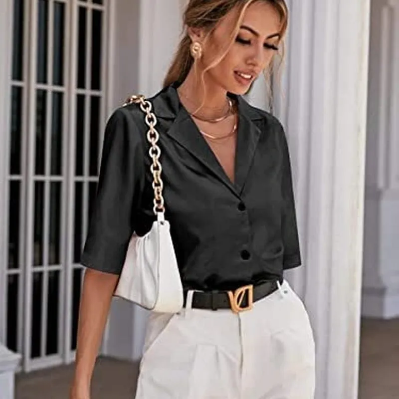 Wenkouban Short Sleeve Satin Blouse Women 2022 Summer Notched White Silk Shirt Elegant Office Lady Simple Button Up Casual Shirts 19935