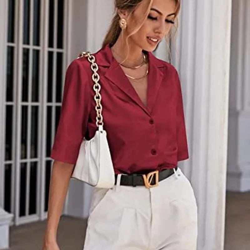 Wenkouban Short Sleeve Satin Blouse Women 2022 Summer Notched White Silk Shirt Elegant Office Lady Simple Button Up Casual Shirts 19935