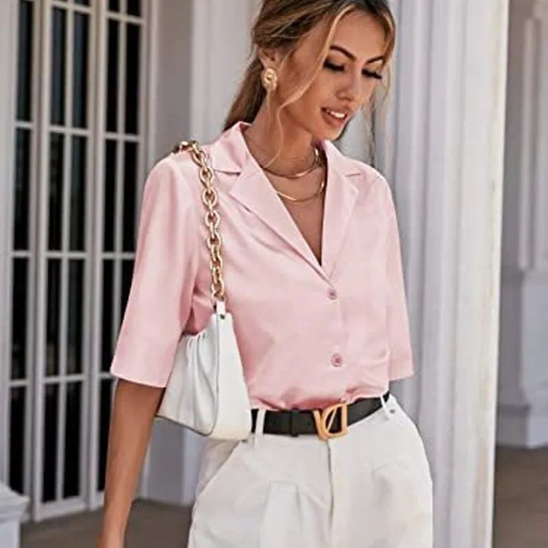 Wenkouban Short Sleeve Satin Blouse Women 2022 Summer Notched White Silk Shirt Elegant Office Lady Simple Button Up Casual Shirts 19935