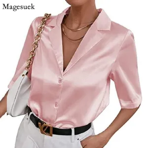 Wenkouban Short Sleeve Satin Blouse Women 2022 Summer Notched White Silk Shirt Elegant Office Lady Simple Button Up Casual Shirts 19935