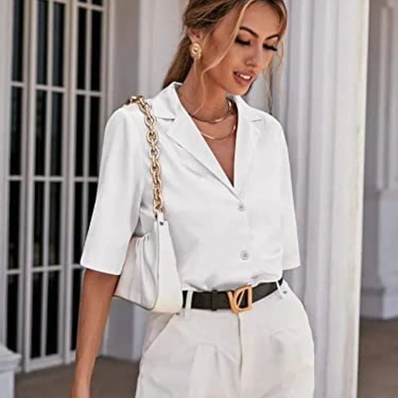 Wenkouban Short Sleeve Satin Blouse Women 2022 Summer Notched White Silk Shirt Elegant Office Lady Simple Button Up Casual Shirts 19935