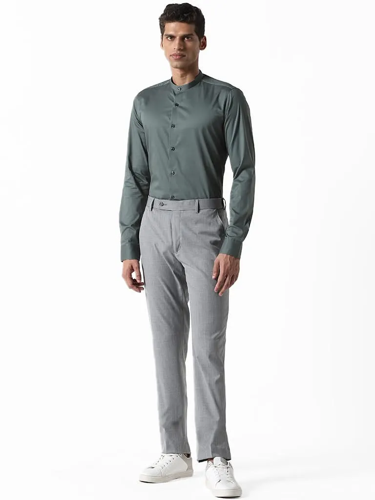 WES Formals Plain Dark Sage Cotton Blend Ultra-Slim Fit Shirt