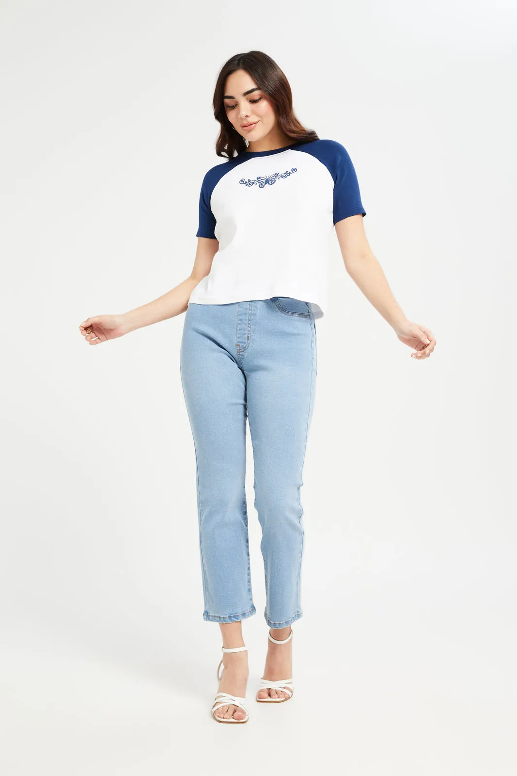 Women Blue And White Raglan Printed T-Shirt