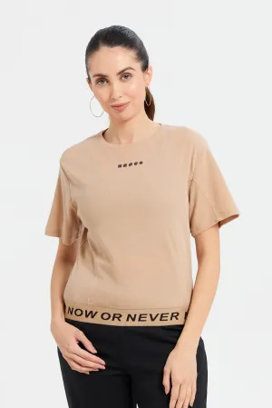 Women Brown Cropped T-Shirt With Waistband Details