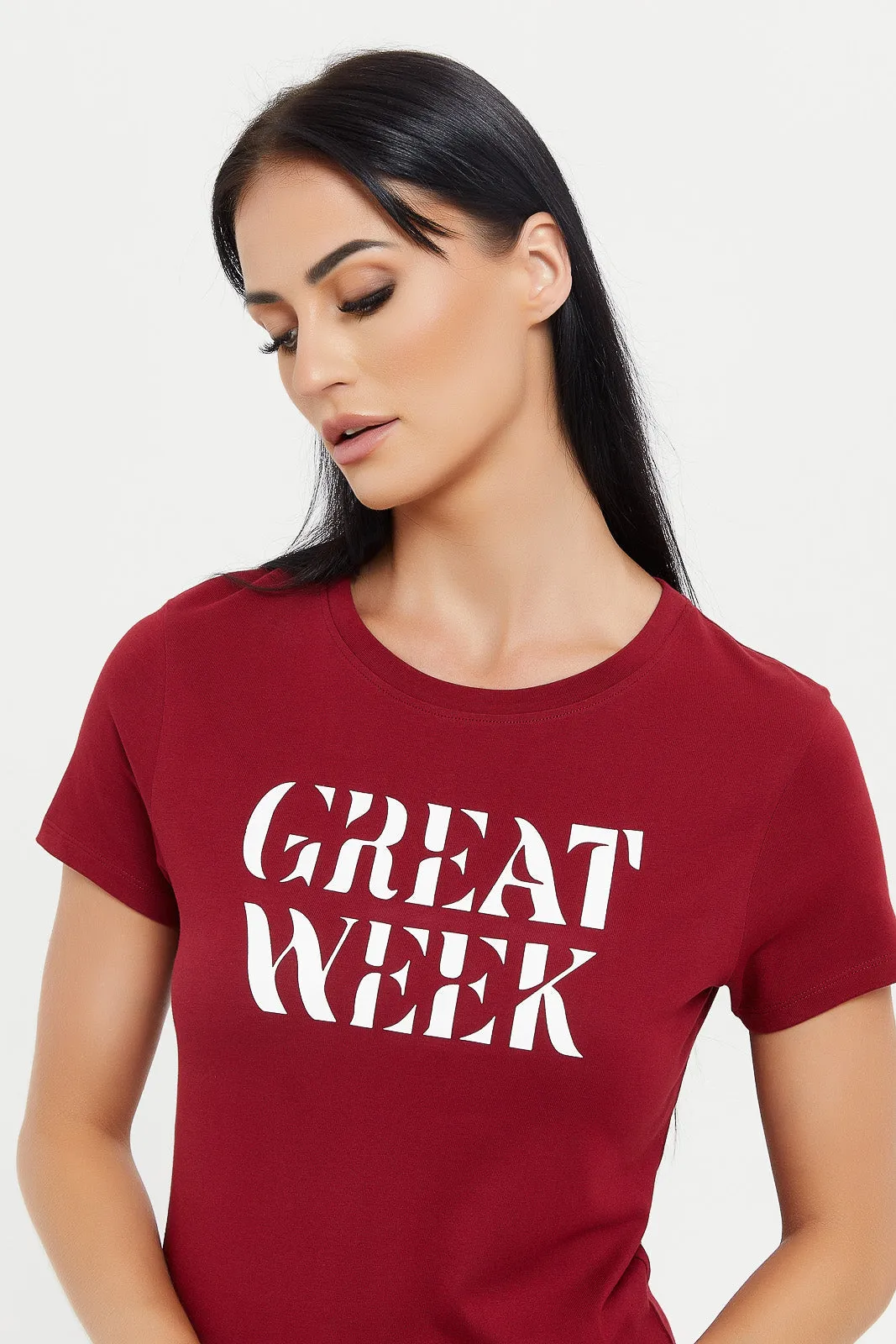 Women Burgundy Great Week Printed T-Shirt