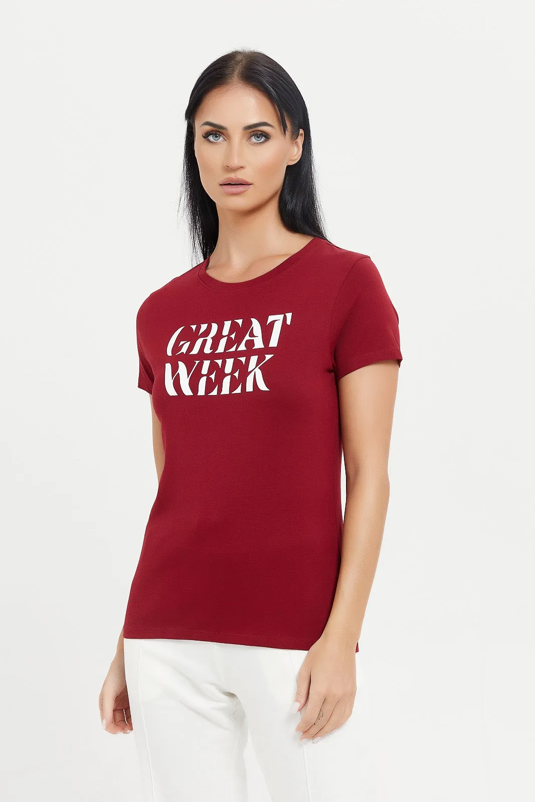 Women Burgundy Great Week Printed T-Shirt