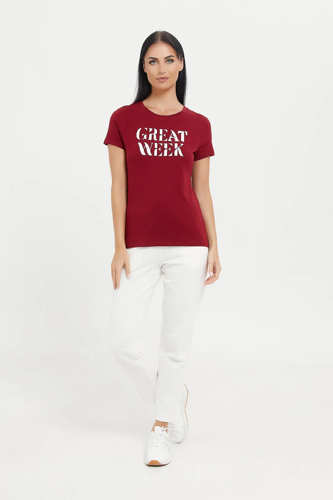 Women Burgundy Great Week Printed T-Shirt