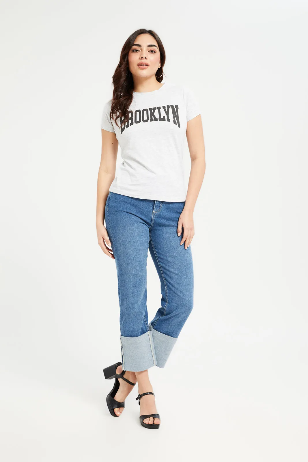 Women Grey Melange Brooklyn Printed T-Shirt