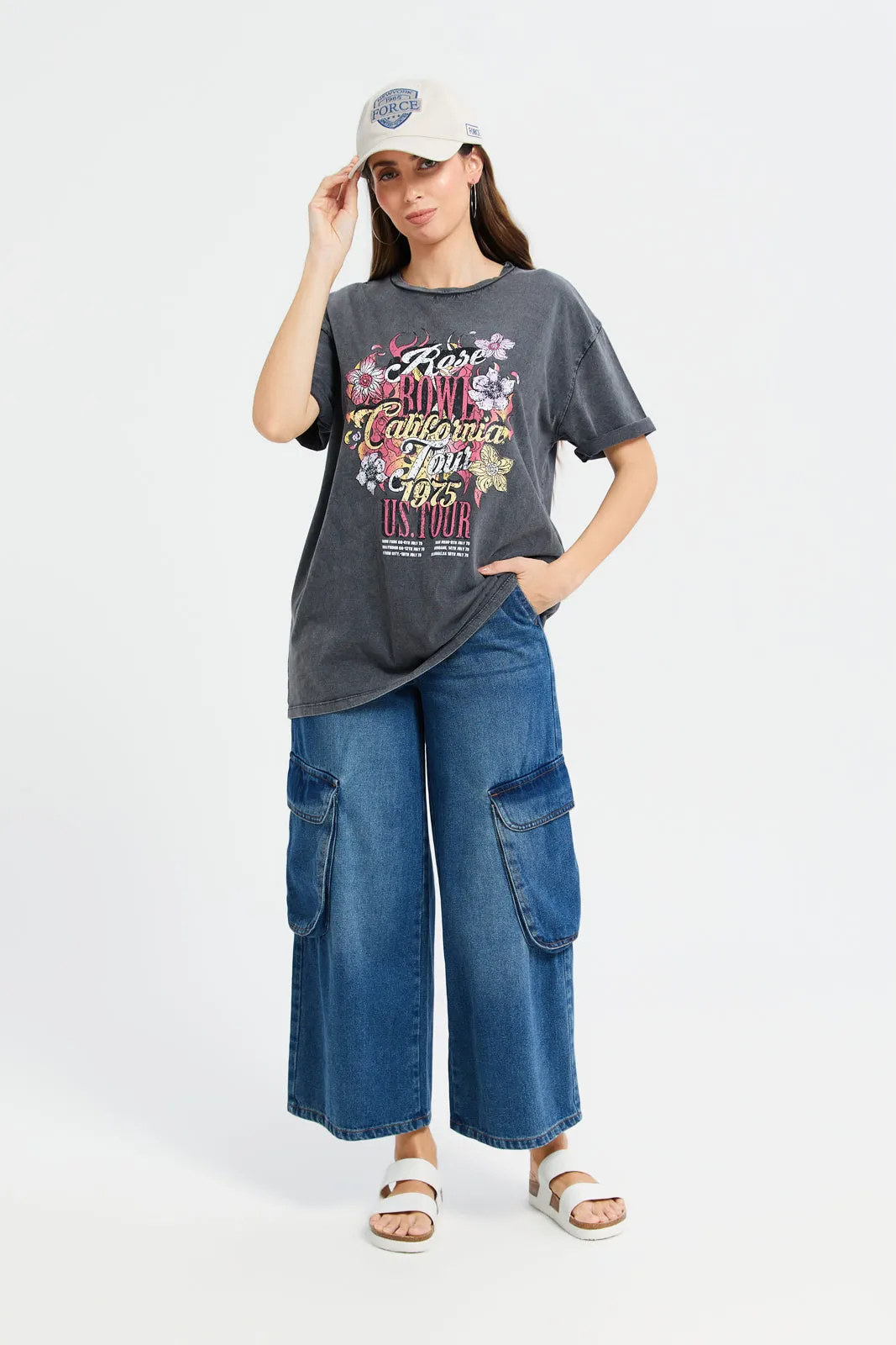 Women Grey Printed Oversize T-Shirt