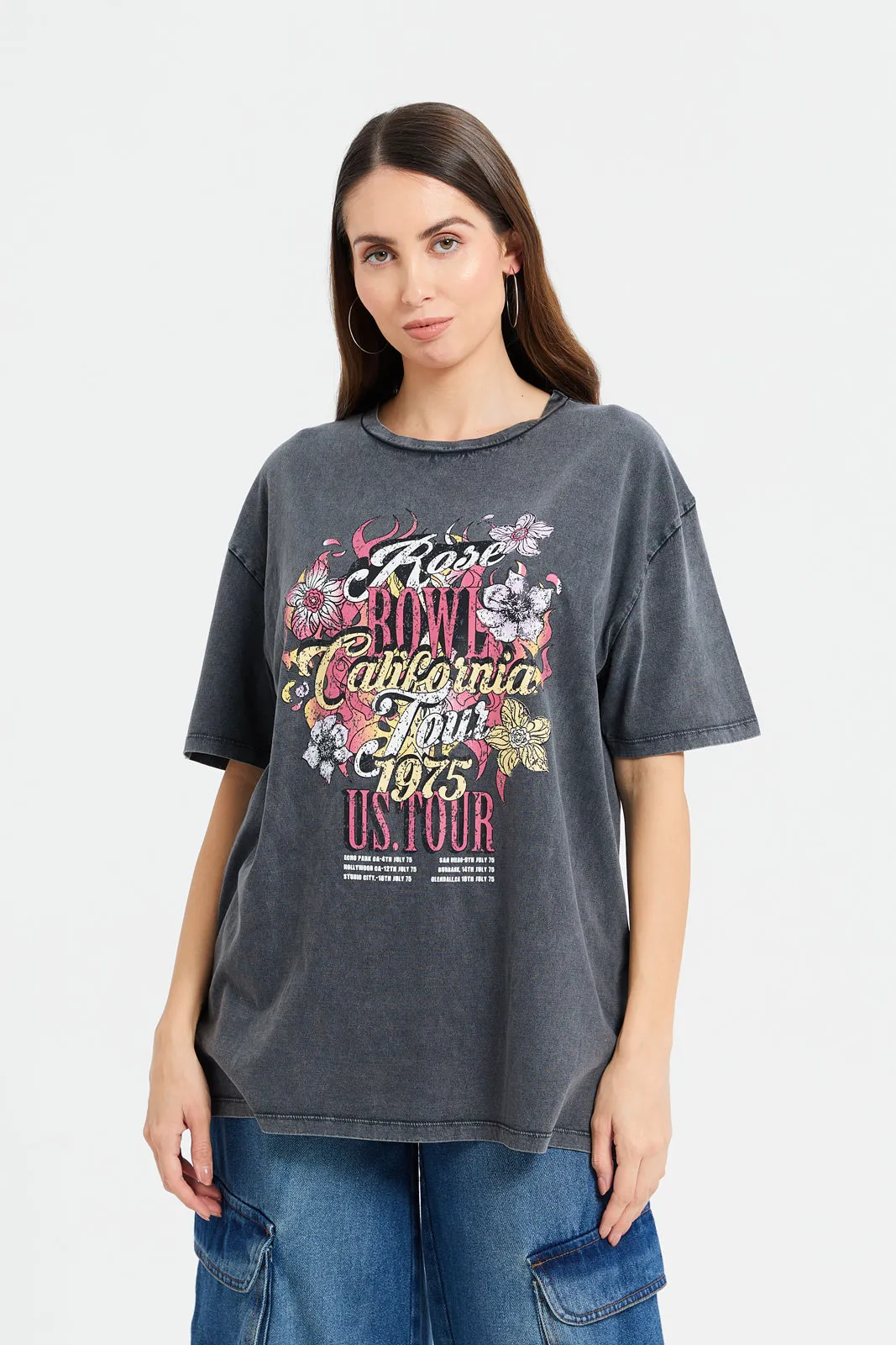 Women Grey Printed Oversize T-Shirt