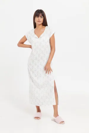 Women Mint Printed Short Sleeves Nightgown