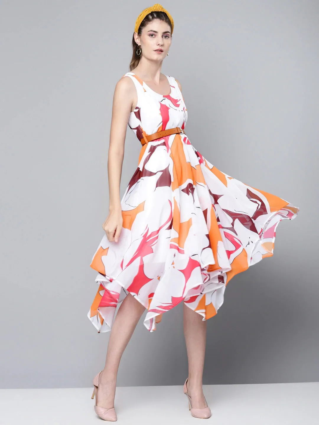 Women Orange Floral Asymmetric Belted Midi Dress