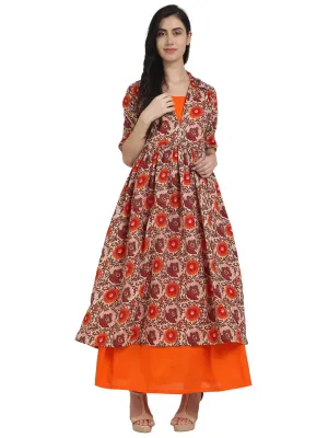 Women Orange Printed Half Sleeve Cotton Double Layer Anarkali Kurta