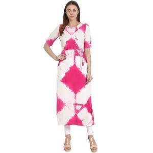 Women White & Pink Half Sleeve Rayon Tie Die Kurta