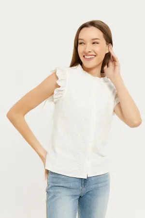 Women White Short Ruffle Sleeve Blouse