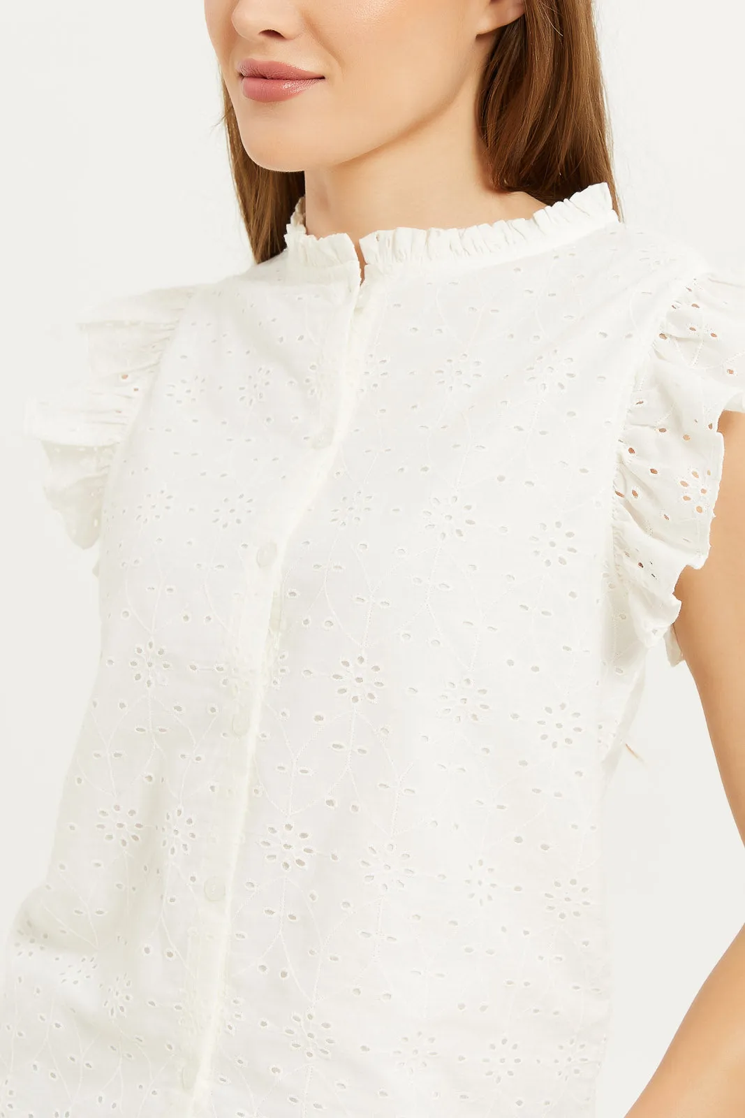 Women White Short Ruffle Sleeve Blouse