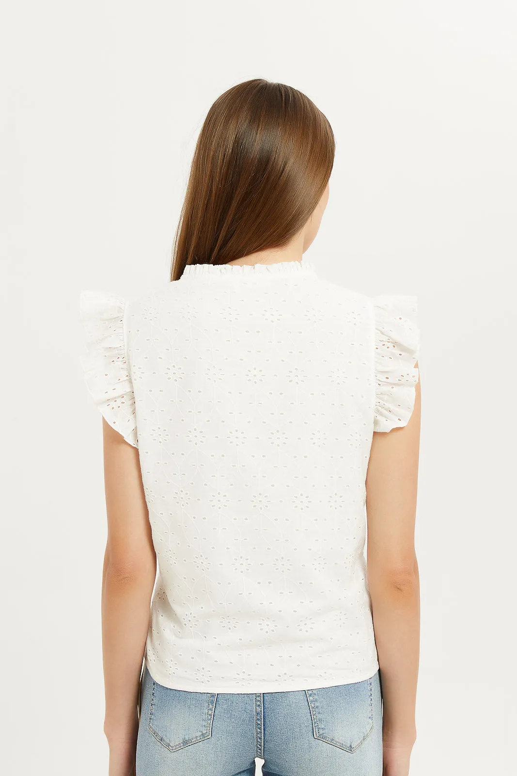 Women White Short Ruffle Sleeve Blouse