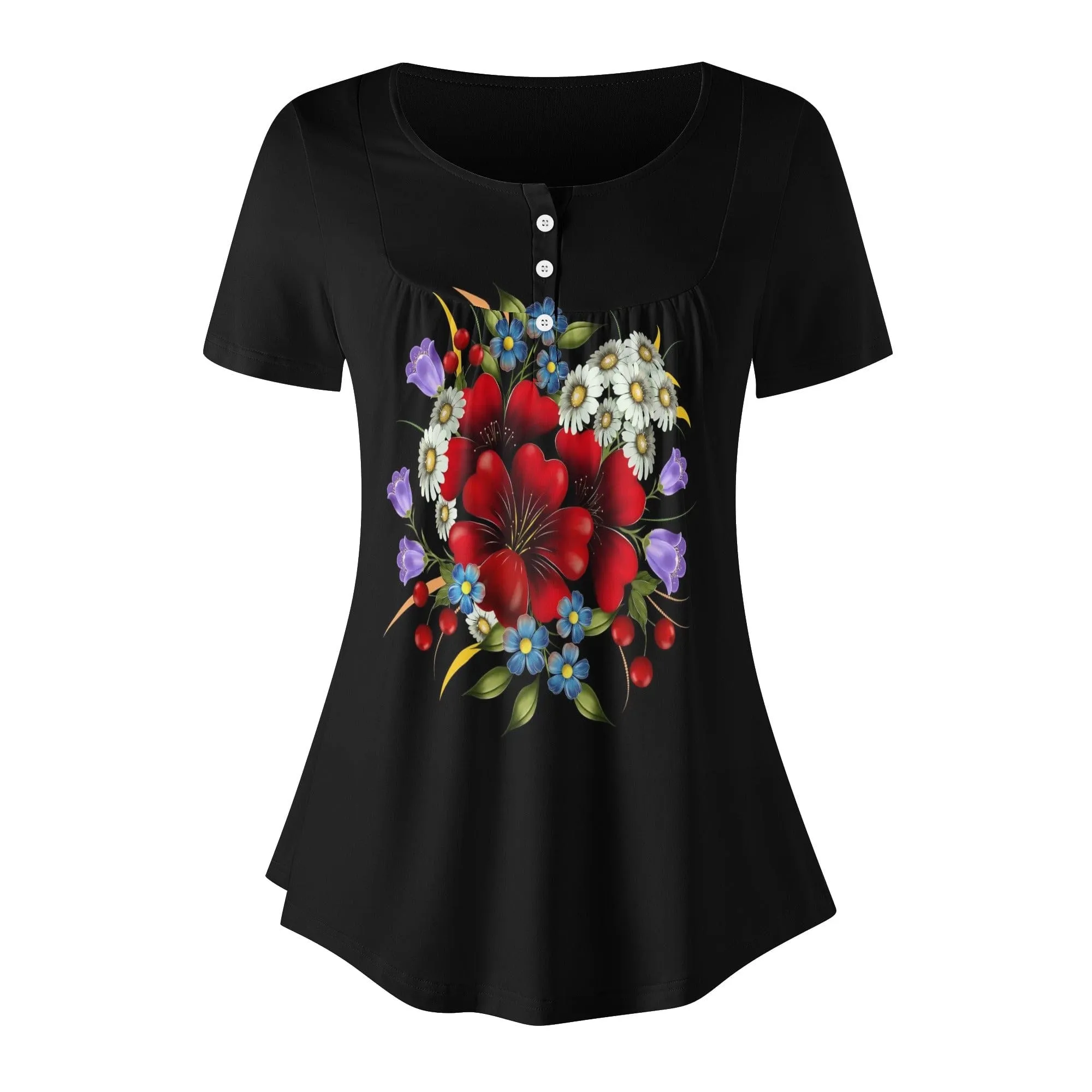 Womens Button Front Floral Short Sleeve Blouse