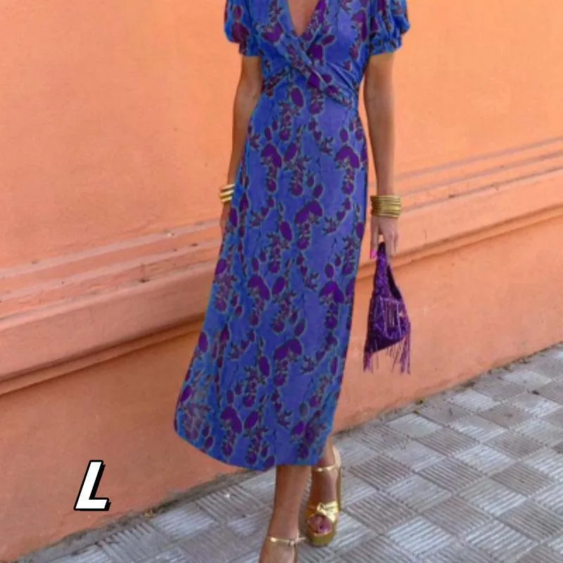 Women's Fashion Color Contrast Printed Long Elegant Slim V-neck Short Sleeve Dress